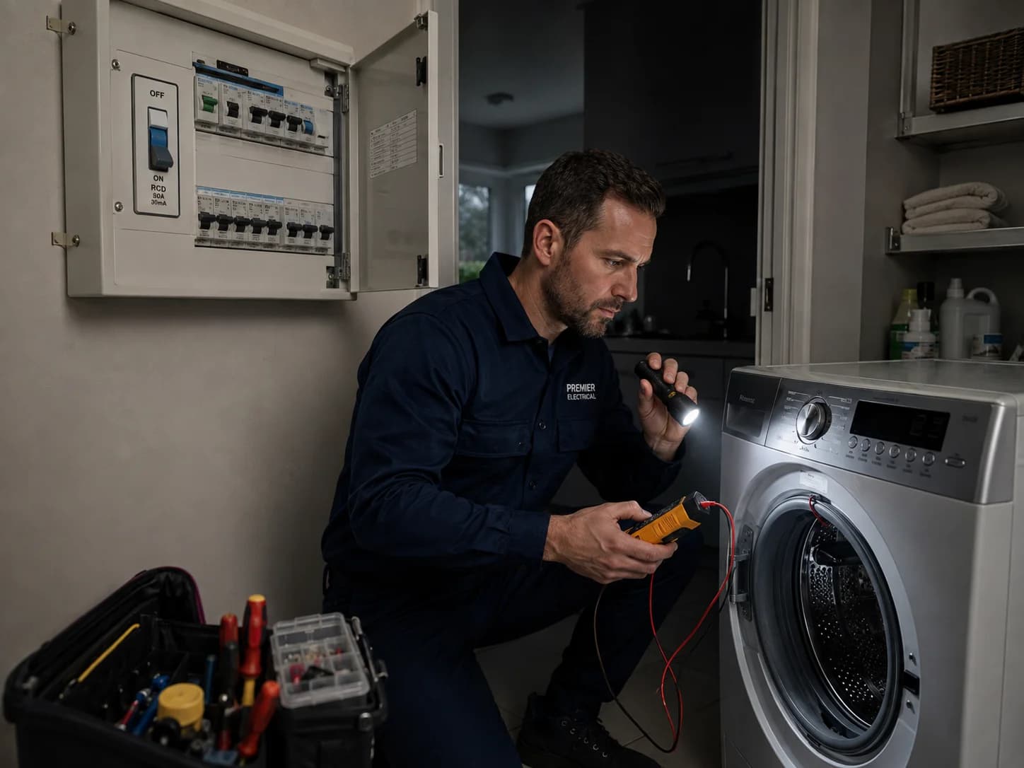 Electricista atendiendo una avería eléctrica urgente