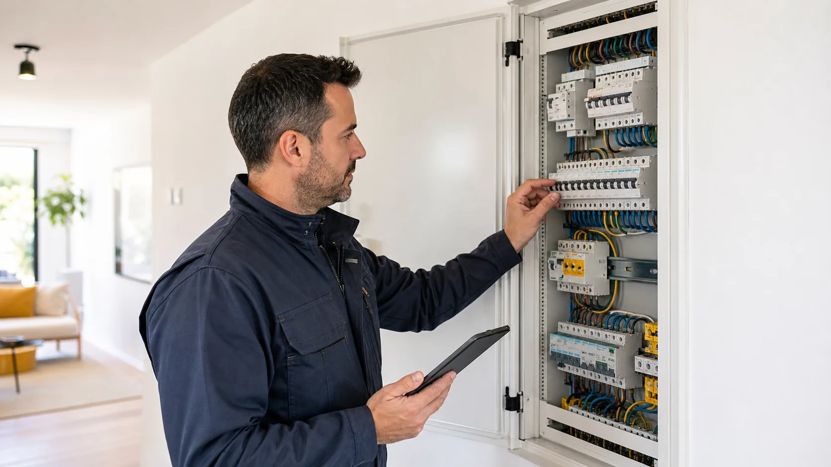 Electricista revisando un cuadro eléctrico antes de emitir un boletín eléctrico