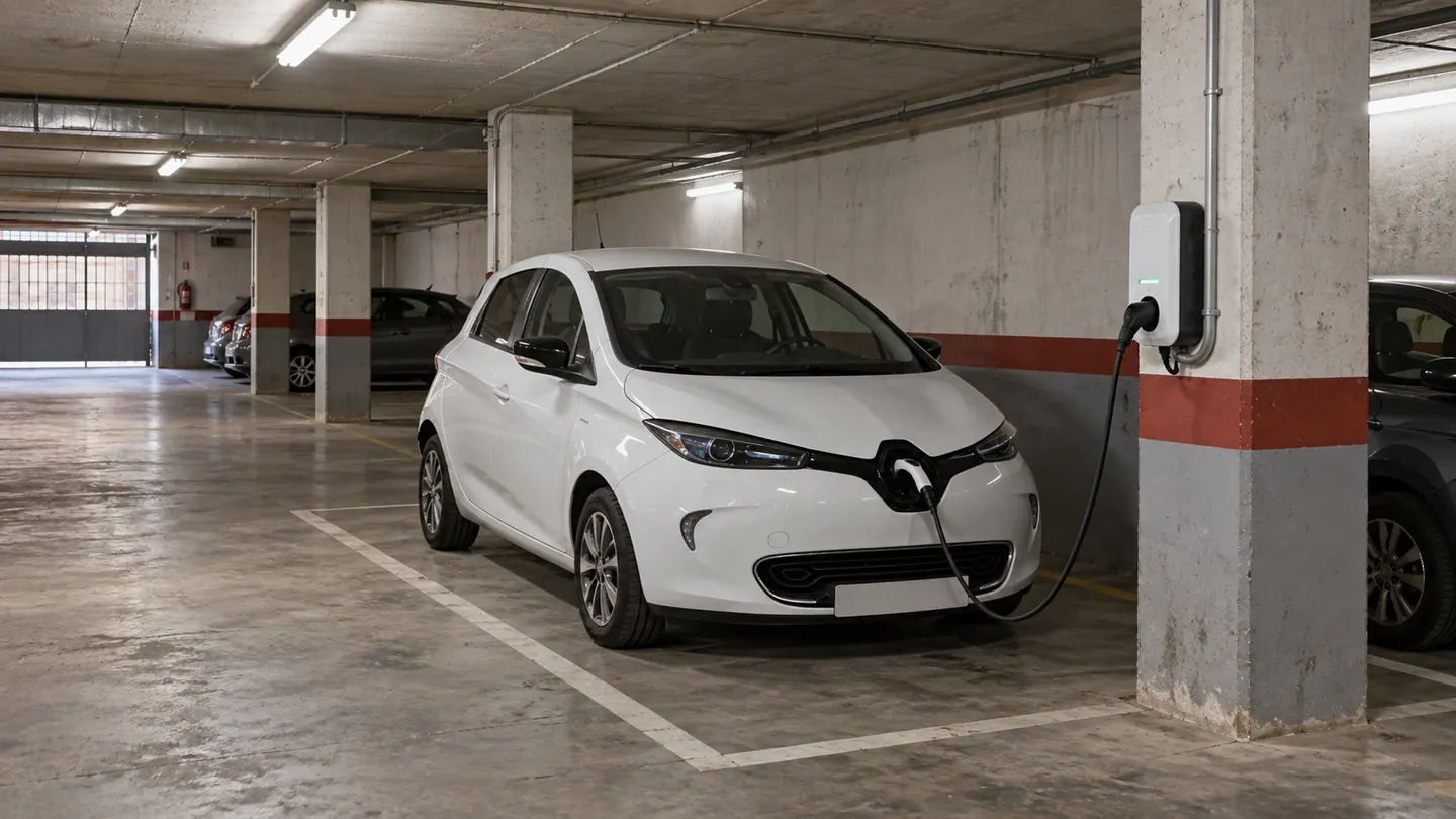 Coche eléctrico conectado a un cargador en una plaza de garaje comunitario