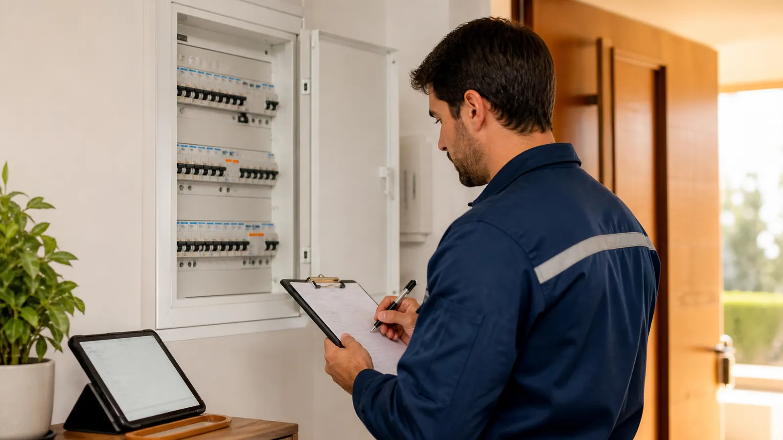 Electricista revisando un cuadro eléctrico antes de subir la potencia contratada