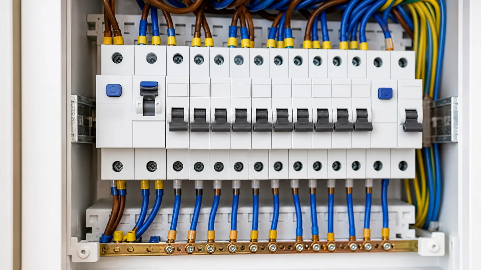 Detalle de un cuadro eléctrico ordenado con protecciones y cableado revisado