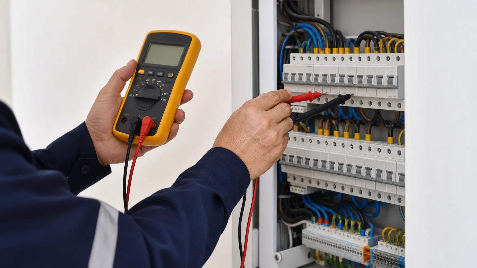 Técnico realizando mediciones con multímetro en un cuadro eléctrico