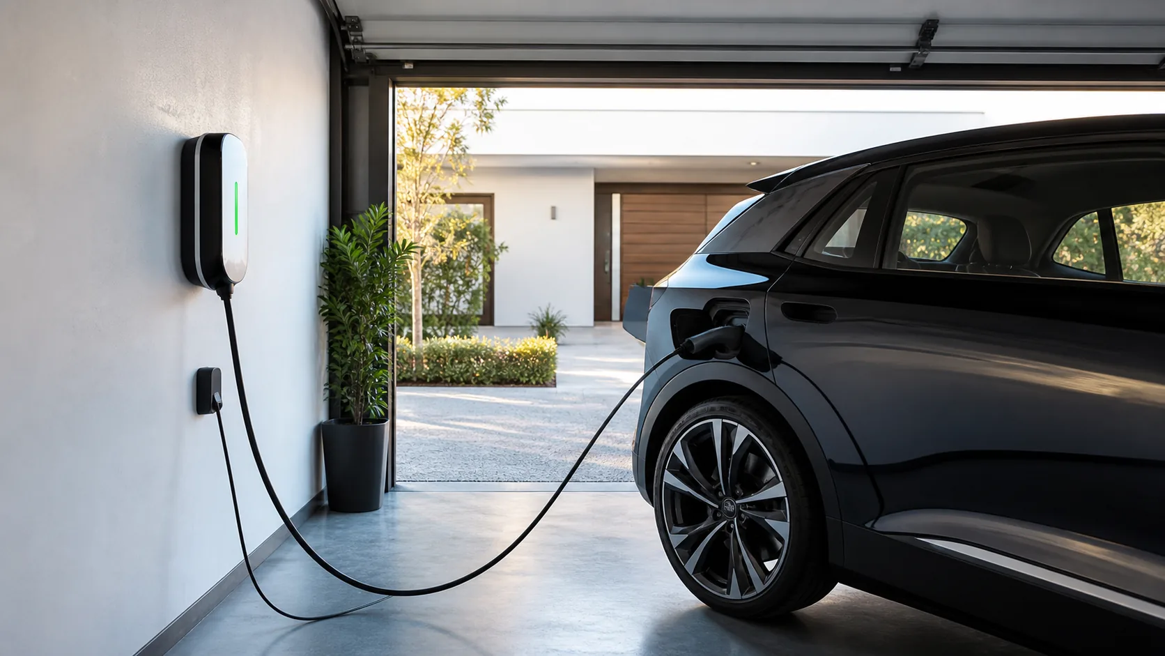 Punto de recarga para coche eléctrico instalado en un garaje particular