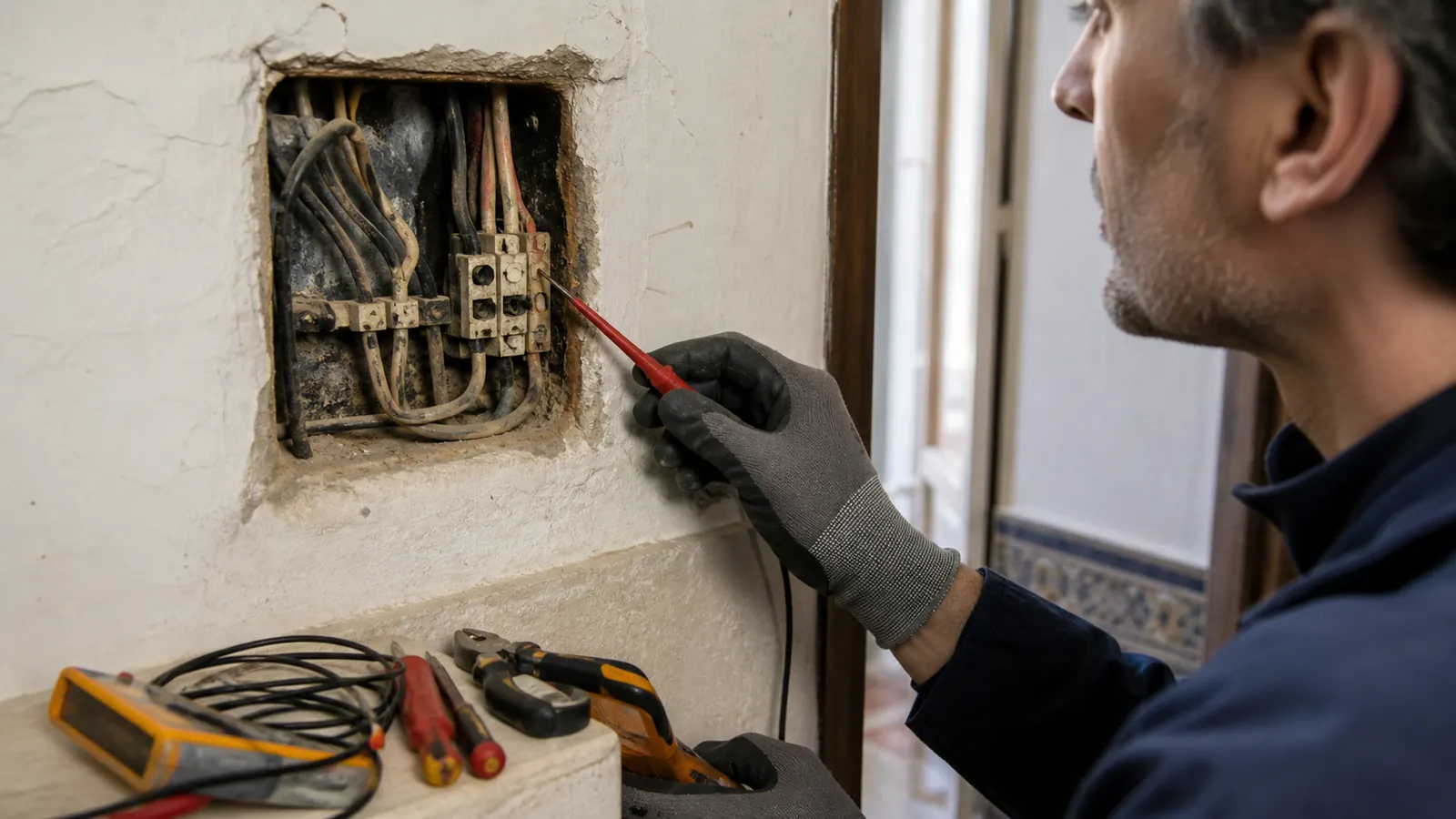 Cableado eléctrico antiguo revisado por un profesional