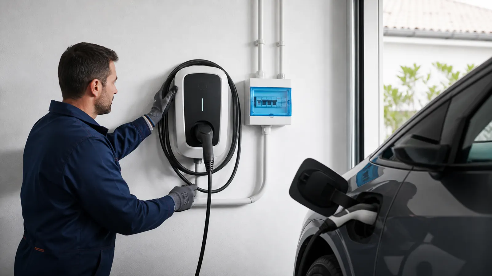 Cargador de coche eléctrico instalado en garaje particular