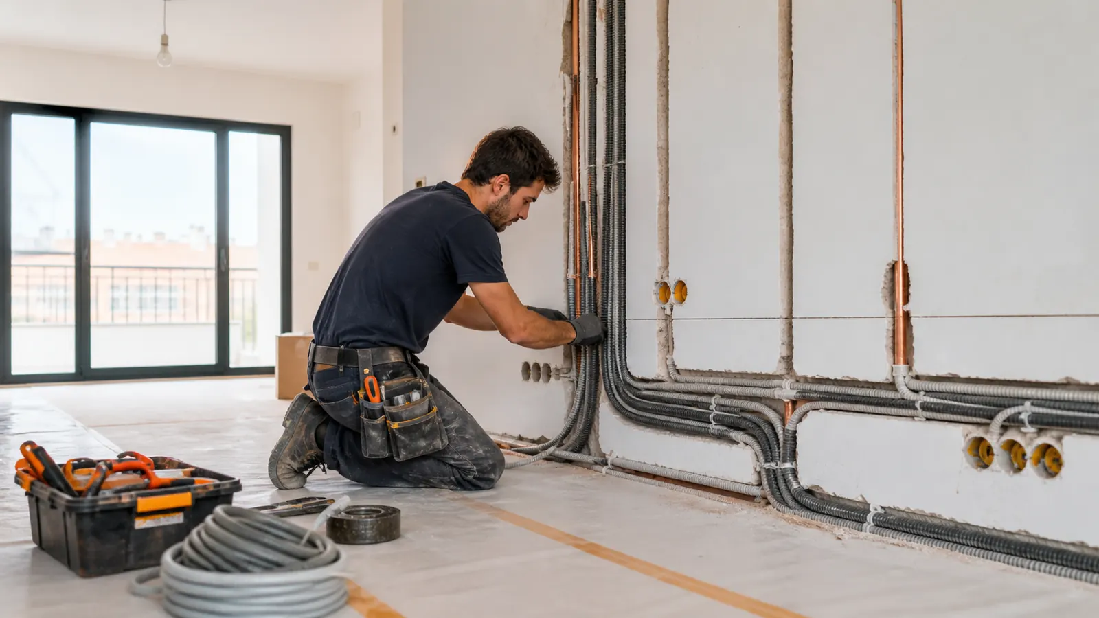 Electricista renovando la instalación eléctrica de un piso