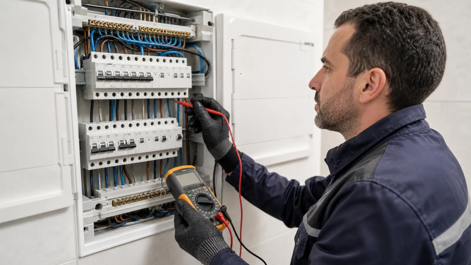 Electricista revisando una instalación eléctrica en vivienda
