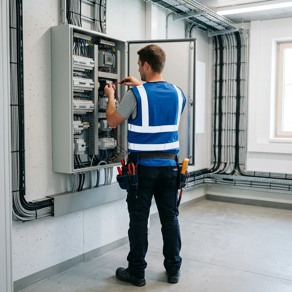 Técnico de Electricidad Jesús realizando una instalación eléctrica profesional